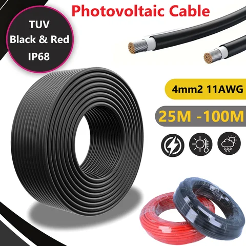 PowMr 4mm² 25m 100m Solar PV Cable Black and Red 11AWG TUV Solar PV Wire IP68 Solar Panel System Extension Photovoltaic System
