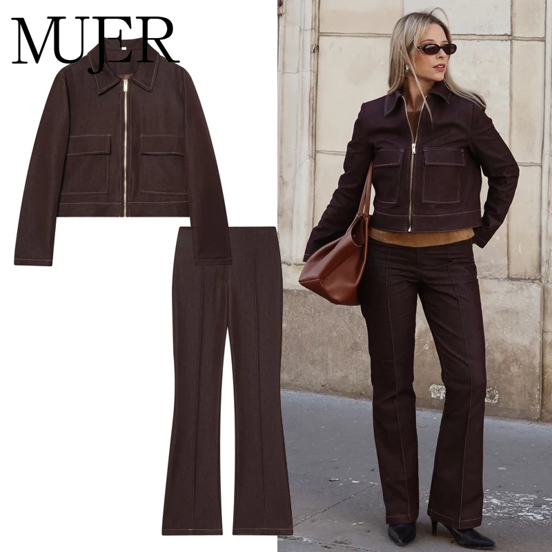 

MUJER Flared Trousers Sets for Women 2 Pieces Summer High Waist Pants Woman Outfit Streetwear Cropped Jacket Women's Pants Suits