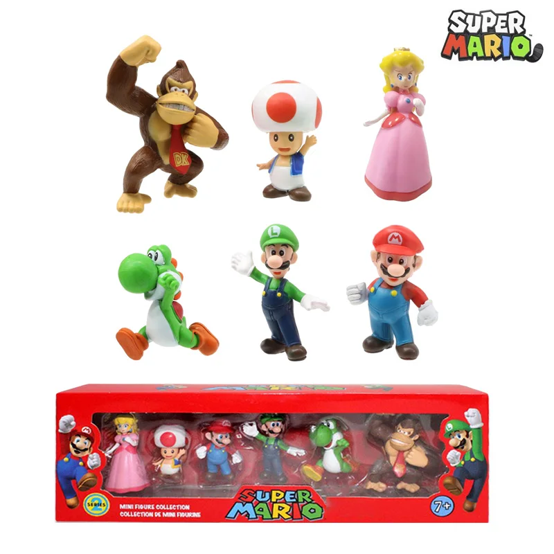 Super Mario Bros PVC figuras de acción de juguete muñecas modelo conjunto Luigi Yoshi Donkey Kong seta para niños cumpleaños juguetes de Navidad regalos