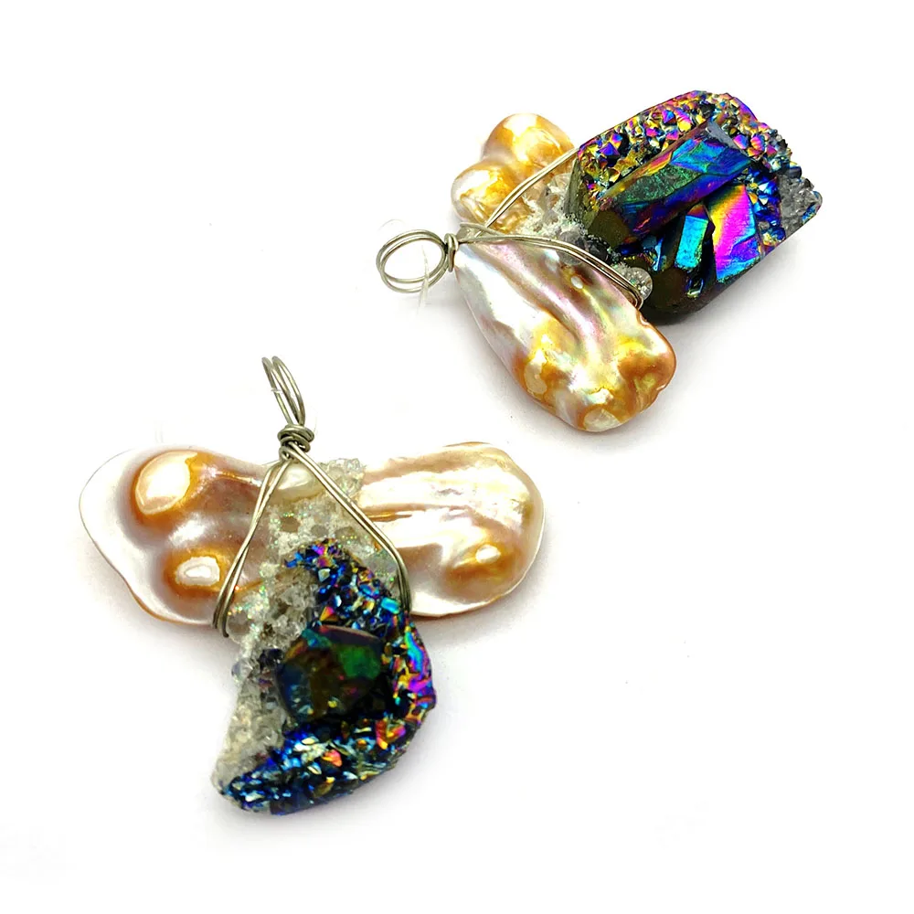 

Natural Stone Pearl Pendant Irregular Shape 49x54mm Colorful Crushed Stone Wire-Wrapped Single-Hole Charms DIY Jewelry Supplies