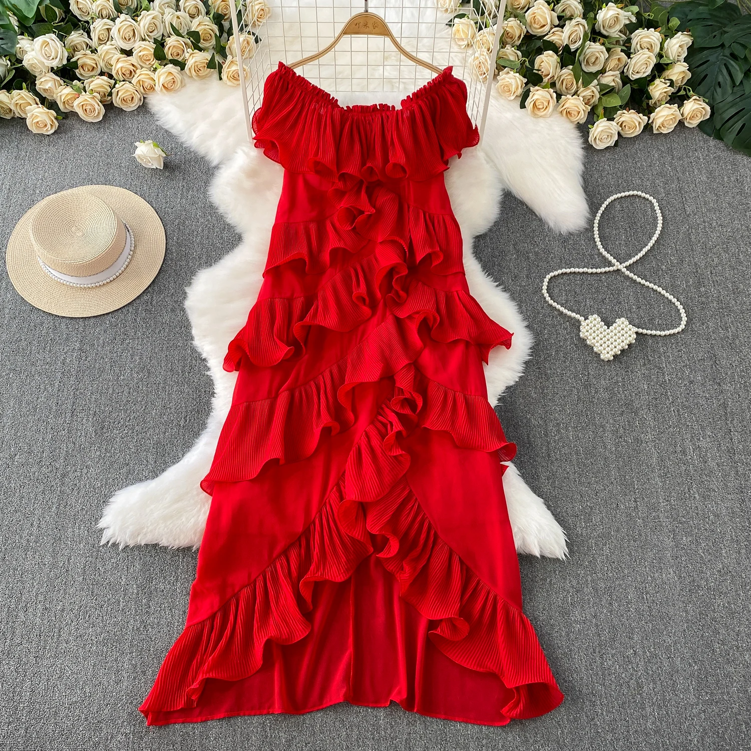 

Шикарное винтажное свободное платье с рюшами и разрезом. Модные корейские модные тонкие летние элегантные платья.