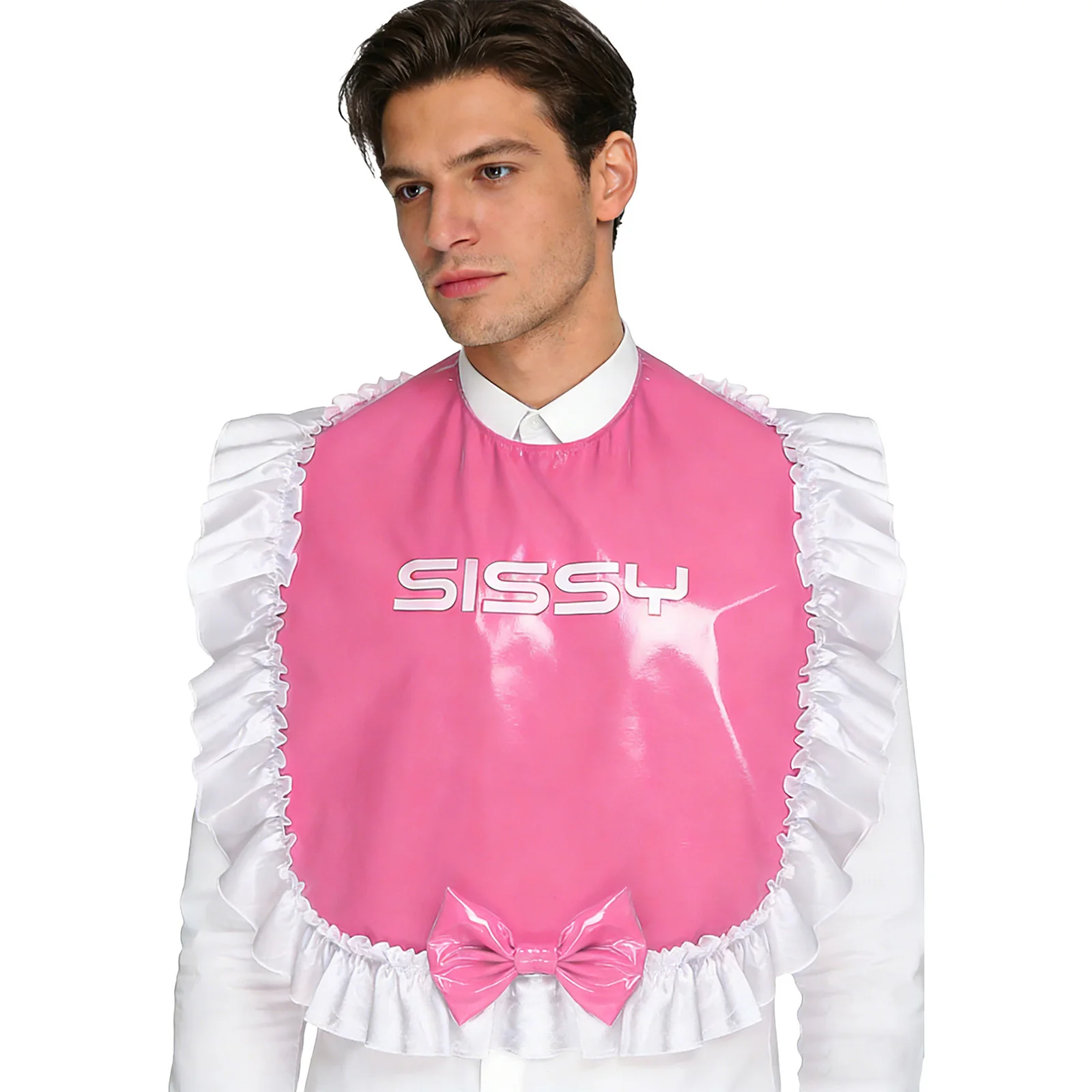

Men Glossy PU Leather Fancy Bibs Maid Accessory with Bow Ruffled Trim Letter Print Closure Bibs for Halloween Dress-up Party