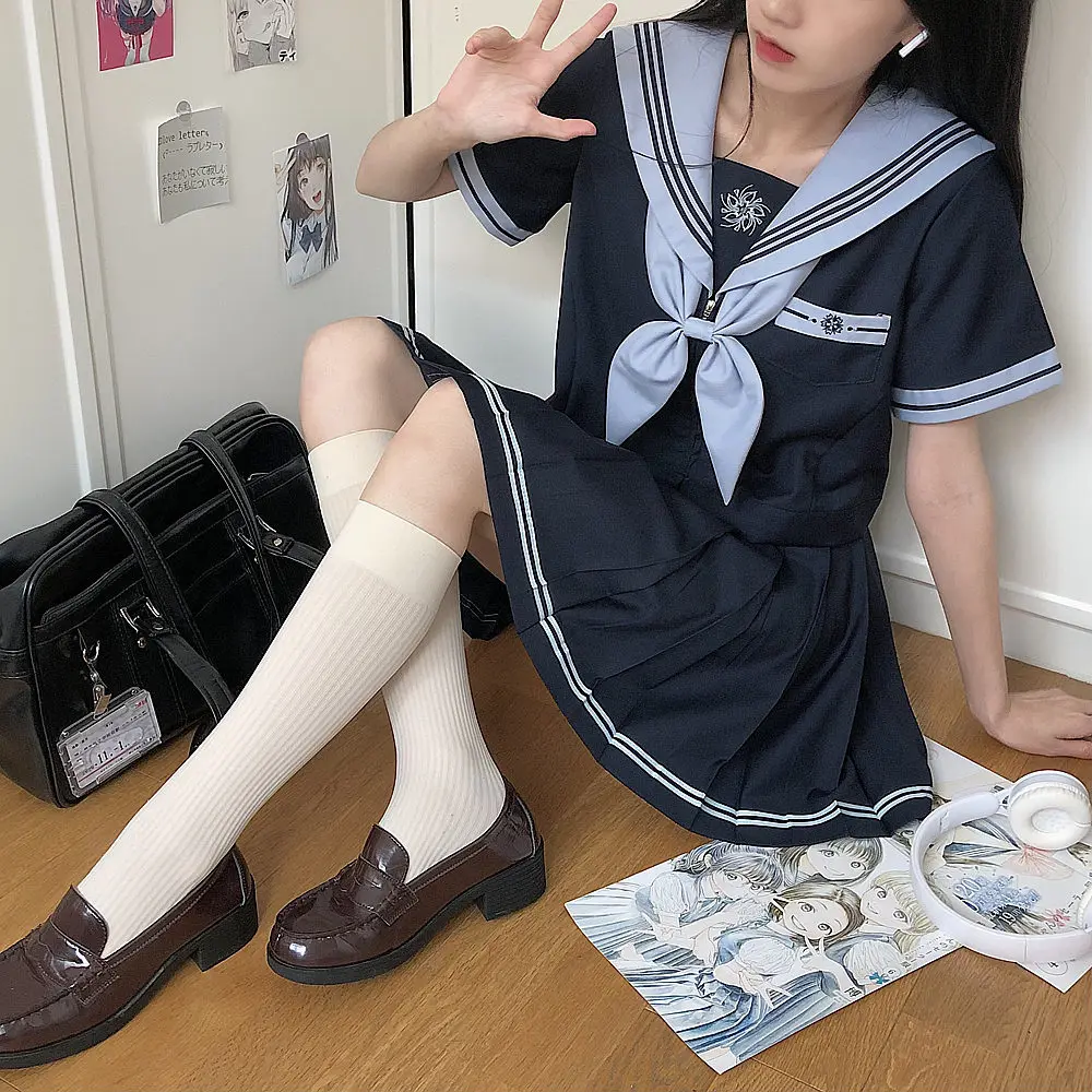 High School South Korea Students JK Uniform Short Sleeve Navy Pleated Shirts Female Summer Sailor Outfit Japanese Cosplay