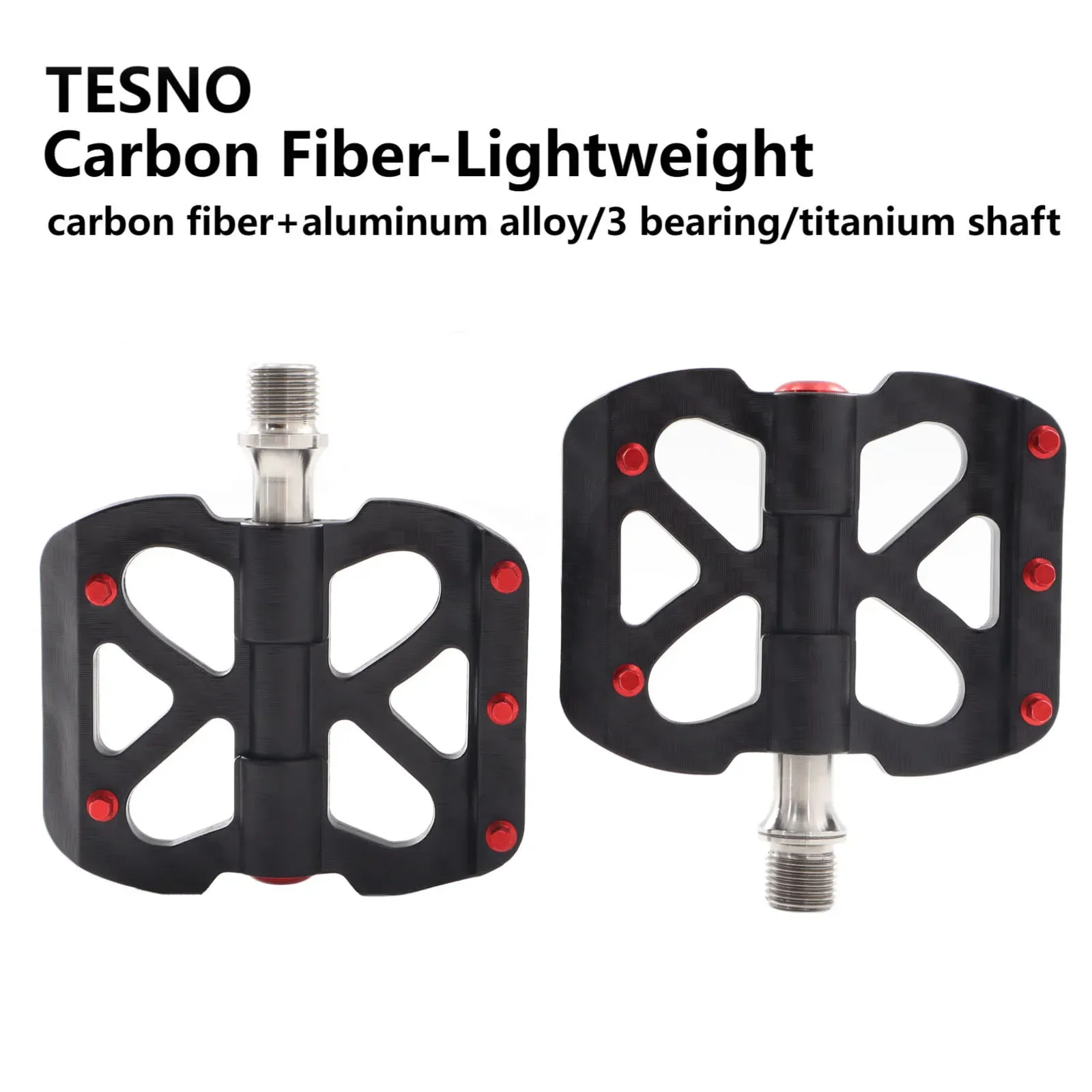 TESNO Bicycle Pedals Carbon Fiber Pedal 3 Bearing Ultralight MTB road bike Titanium Non-Slip Quick Release 14mm Universal Thread