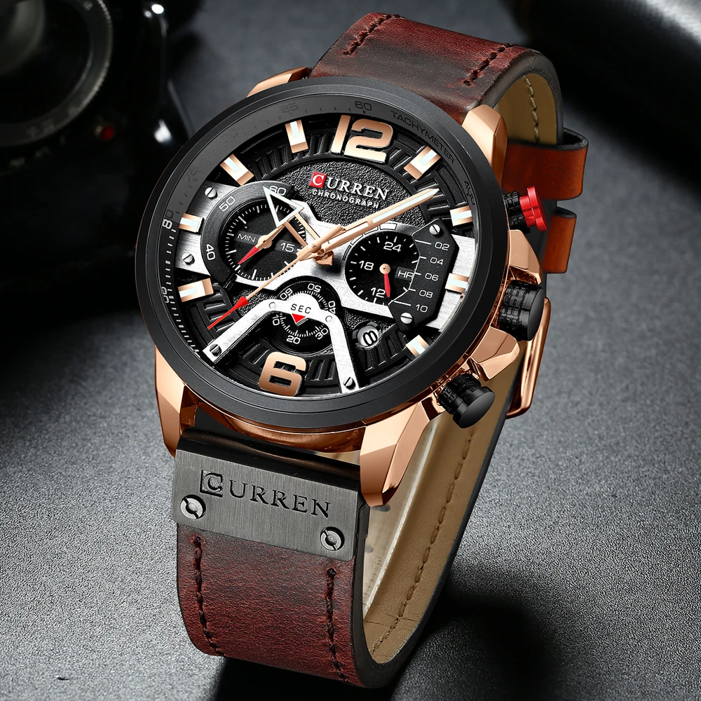 Curren 8329 Men Watch Leather Quartz Waterproof Wristwatch 6-Hand Chronograph Date Casual Fashion Luxury Relogio Masculino