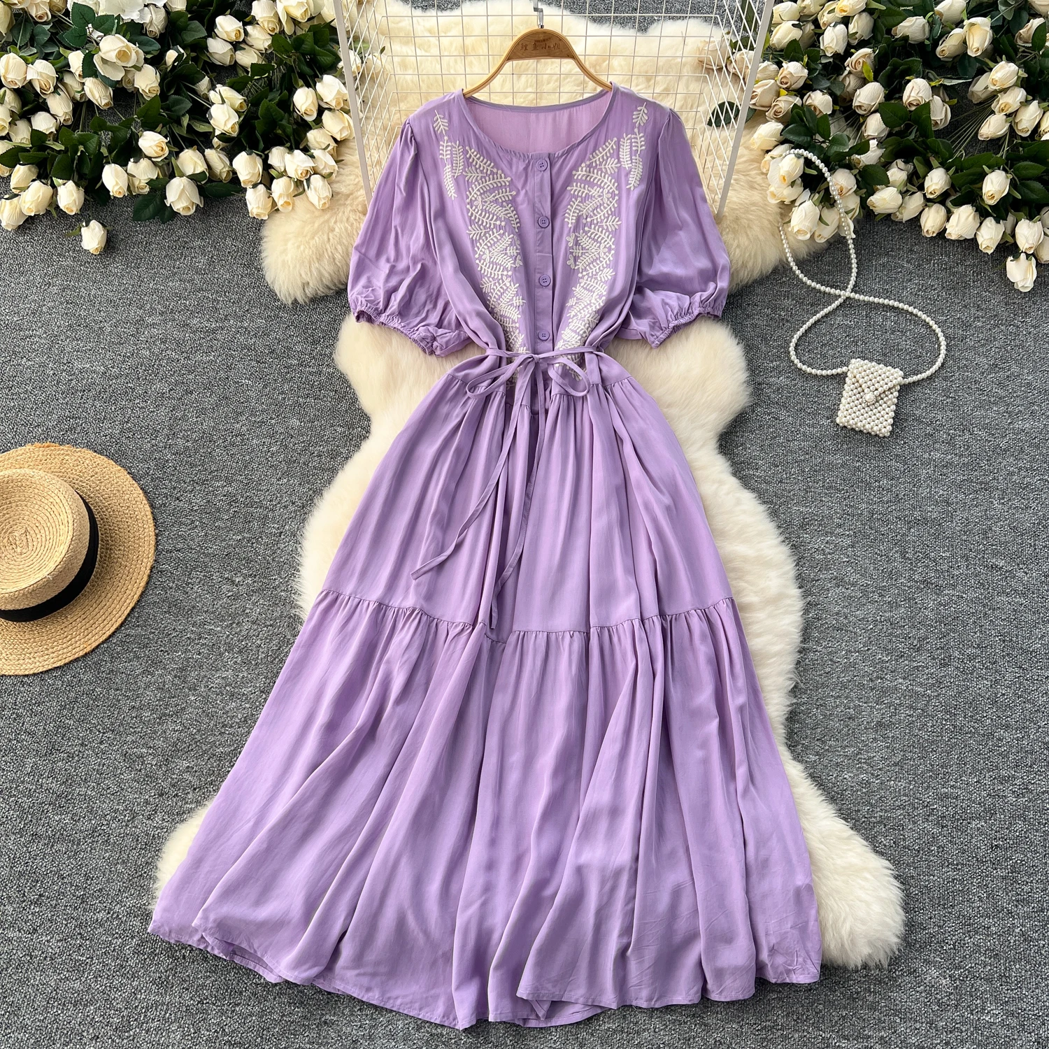 French Elegant vintage loose o neck puff Sleeve embroidery dress women's summer waist sweet Casual dresses