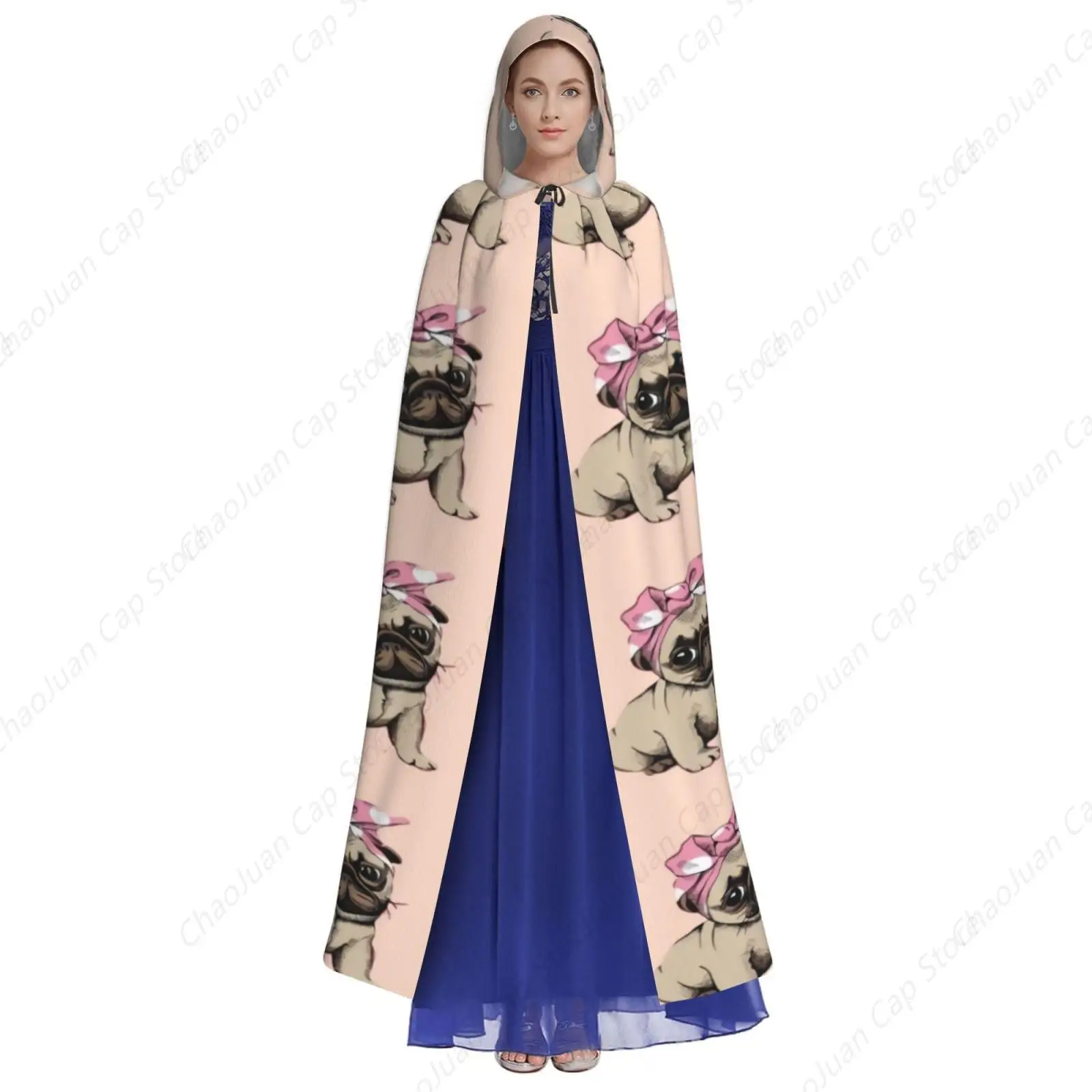 Cute Pug Halloween Adult Hooded Cape Full Length Cloak Christmas Cosplay Costume Unisex