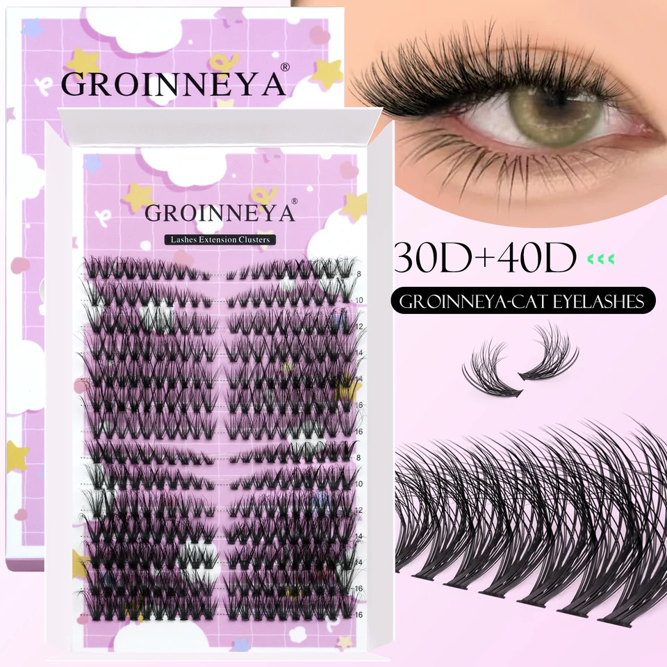 GROINNEYA Kit de Racimos de Pestañas Naturales Ojo de Gato con Sellador y Pegamento Ojo Alargado DIY en Casa 3