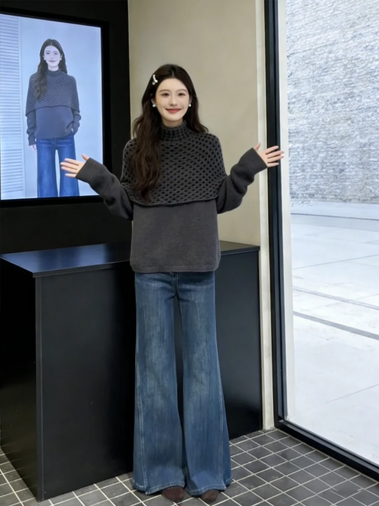 

Spring 2026 Women's Lazy Sle Hollow out Sweater And Jeans Set Slimming Versatile Commuting Two Piece Set High Waist Long Pants