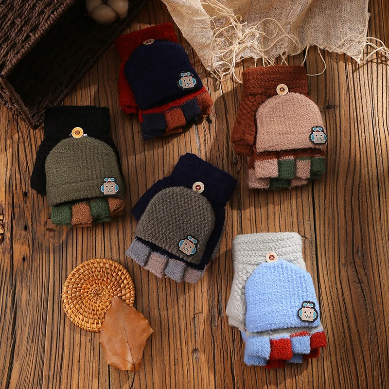 Thermo-Flip-Top-Handschuhe für Kinder – Halbfinger-Strick-Winterhandschuhe mit Fleecefutter, ideal zum Spielen im Freien