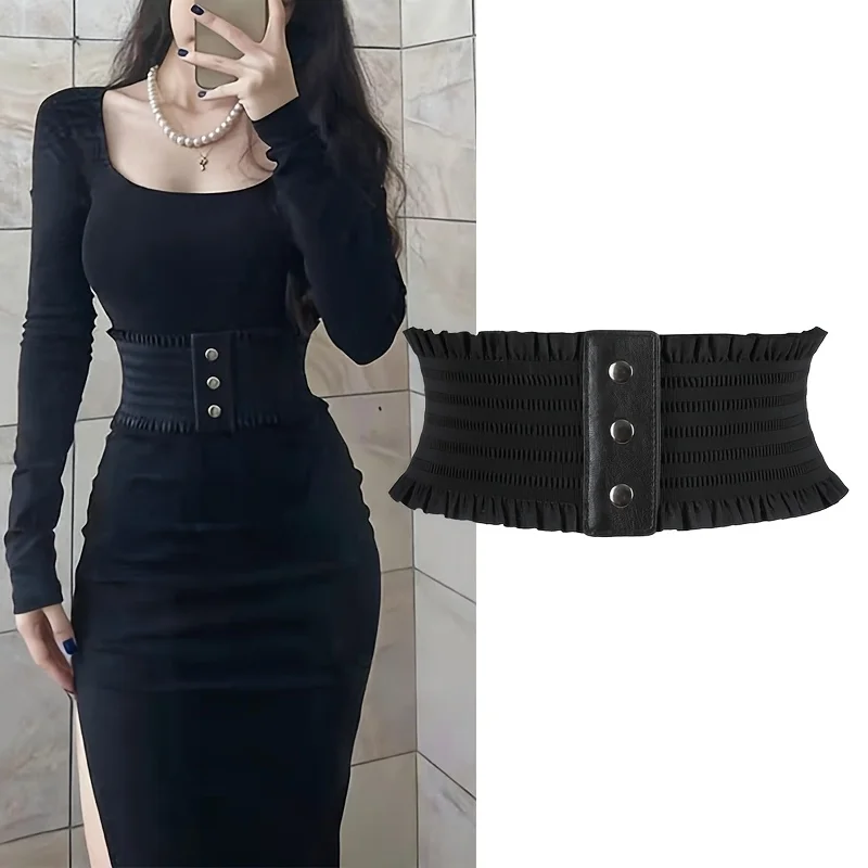 Women's Simple Fashion Ruffle Elastic Wide Waistband, Ladies' Casual Dress Elegant Flared Waist Cincher
