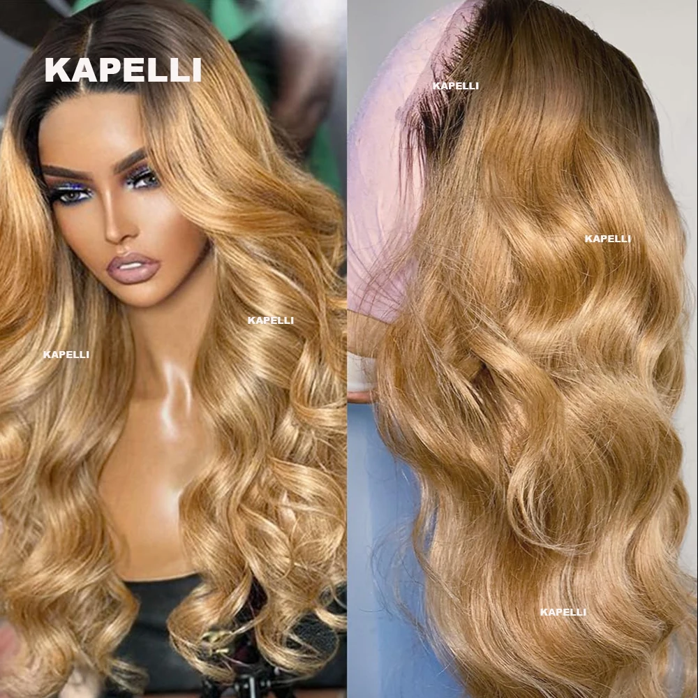 13X4 HD Transparent Lace Frontal Wig 250% Density Ombre 1B/27 Honey Blonde Lace Front Wigs Body Wave Human Hair Wigs For Women
