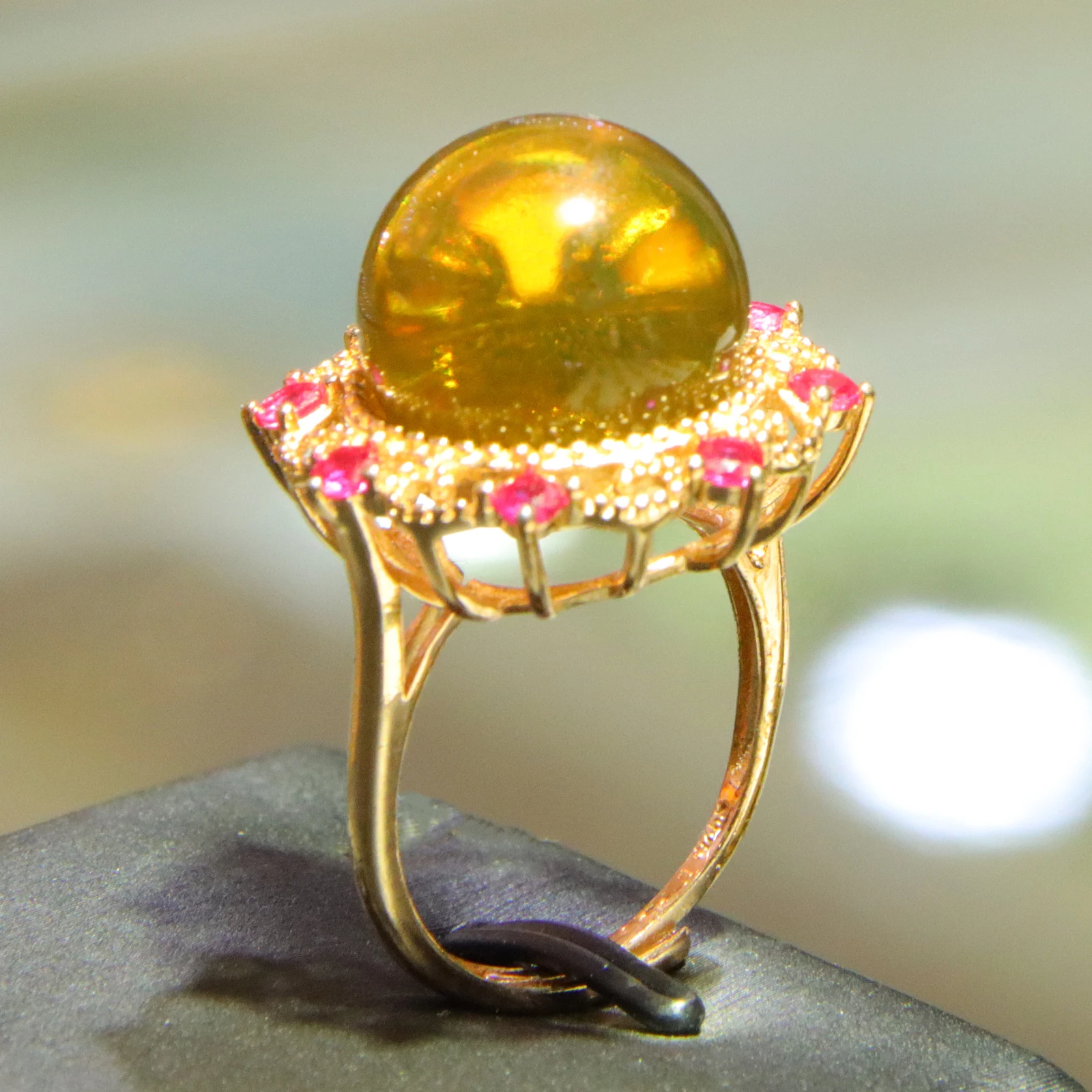 

Anniversary Gift for Wife: 14mm Blue Amber Ring w/ Pink Stones & Gold Plated Floral Setting | Adjustable Love Ring