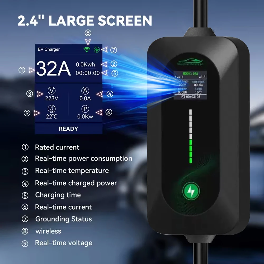 7KW EV Portable Charger J1772 Type1 Type2 GBT Charger 32A Adjustable Current Charger for Electric Car WiFi APP Bluetooth Control