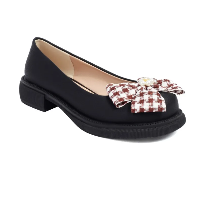 Women College Princess Pumps Color Block Bowknot Low Heel Round Toe Shallow Mouth Sweet Lolita Daily JK Footwear