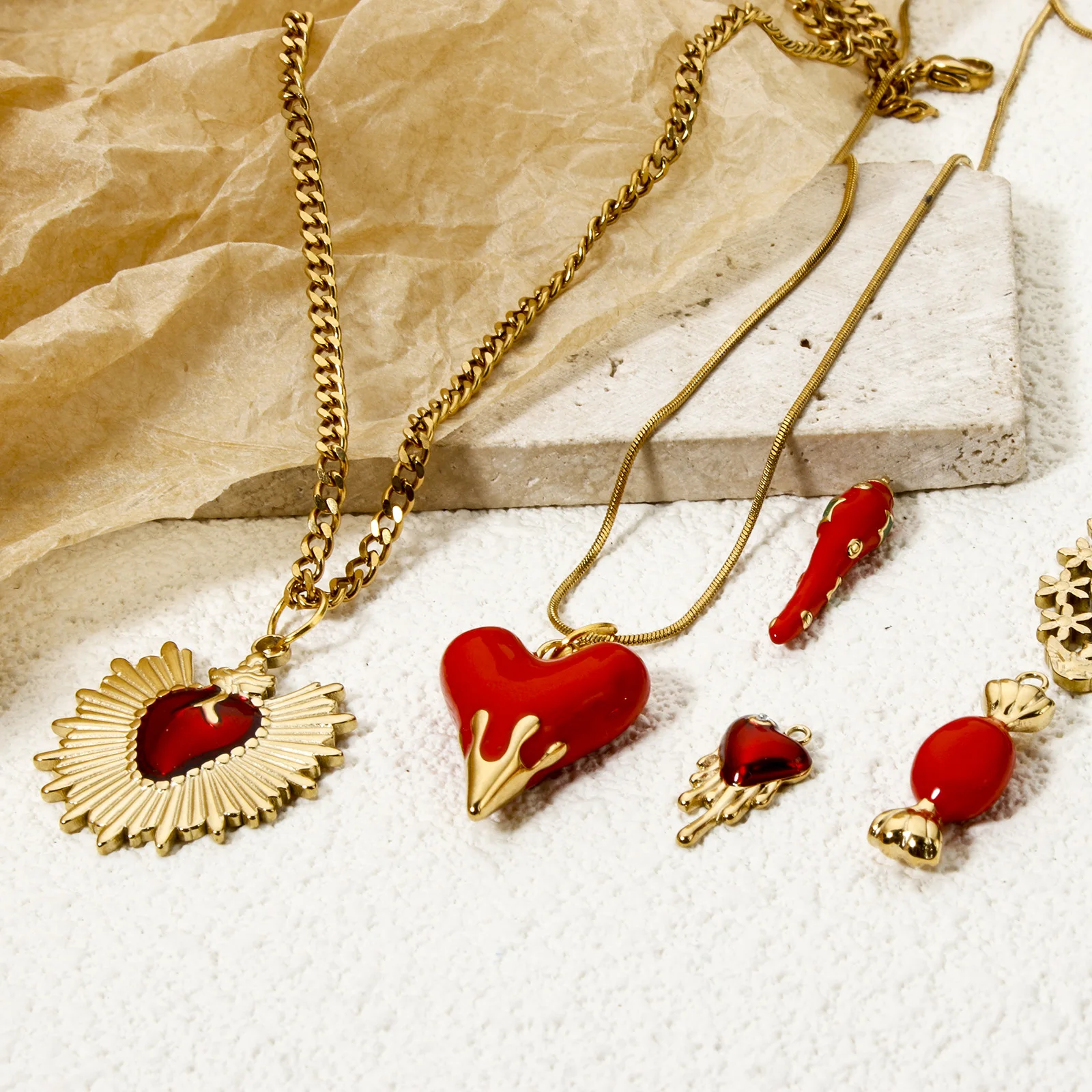 1 Piece 304 Stainless Steel Charms 14K Gold Plated Red Heart Ex Voto Heart Pendants For DIY Jewelry Making Necklace Findings