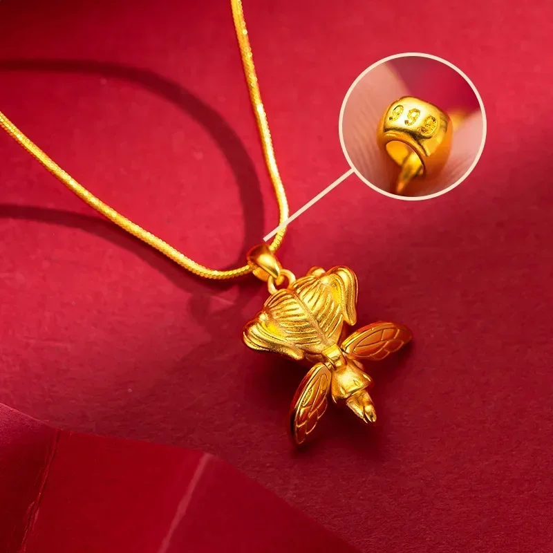 

9999 Real Gold 24K Little Angel Necklace Sweet Cool Wind Angel Collarbone Chain Women's Pendant