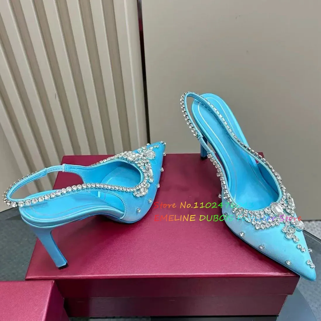 

Blue Crystal-Embellished Satin Slingback Pumps Pointy Toe Rhinestone Chain High Heel Slingback Banquet Wedding Shoes for Ladies