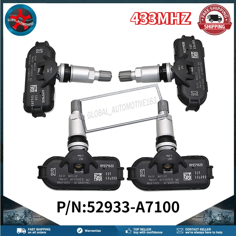 

4PCS Tire Pressure Monitor Systems 52933-A7100 TPMS Sensor 433MHZ For Kia K3 2012/01-2019/12 52933A7100
