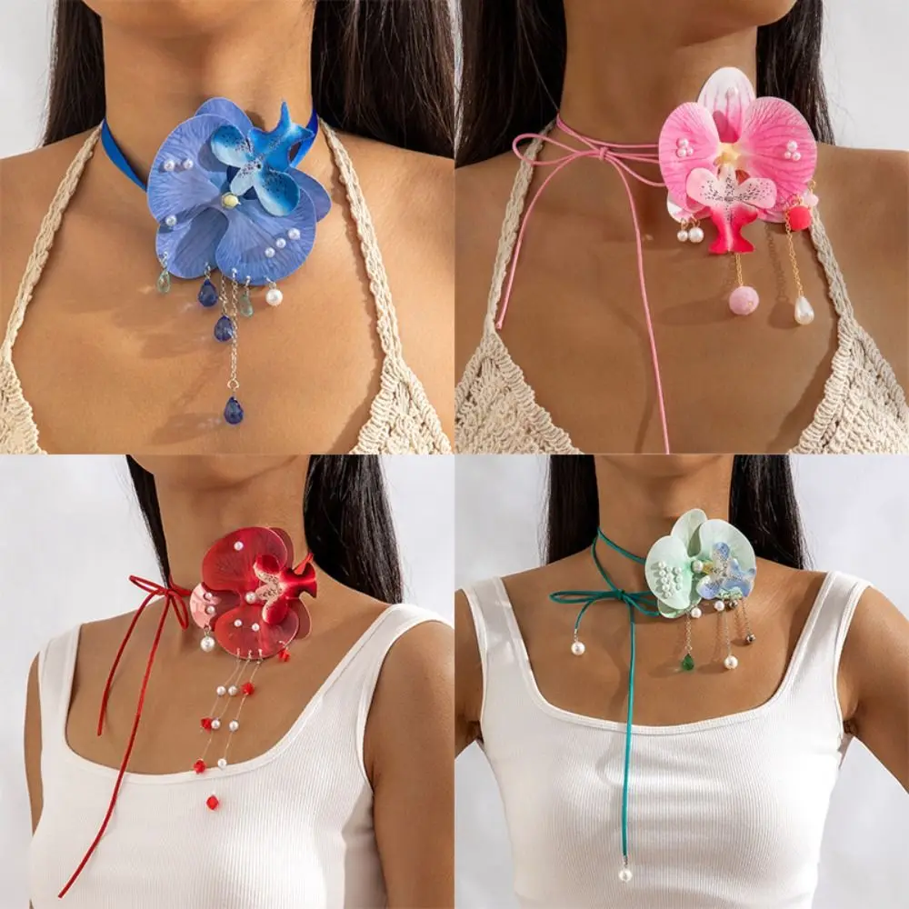 Exaggerated Butterfly Orchid Clavicle Chain Drawstring Lace Up Flower Necklace Pearl Colorful Korean Style Choker Wedding