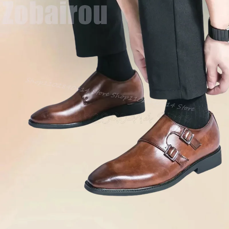 

Brown Buckle Decor Double Monk Square Toe Loafers Fashion Slip On Men Shoes Luxury Handmade Party Banquet Office Men Dress Shoes