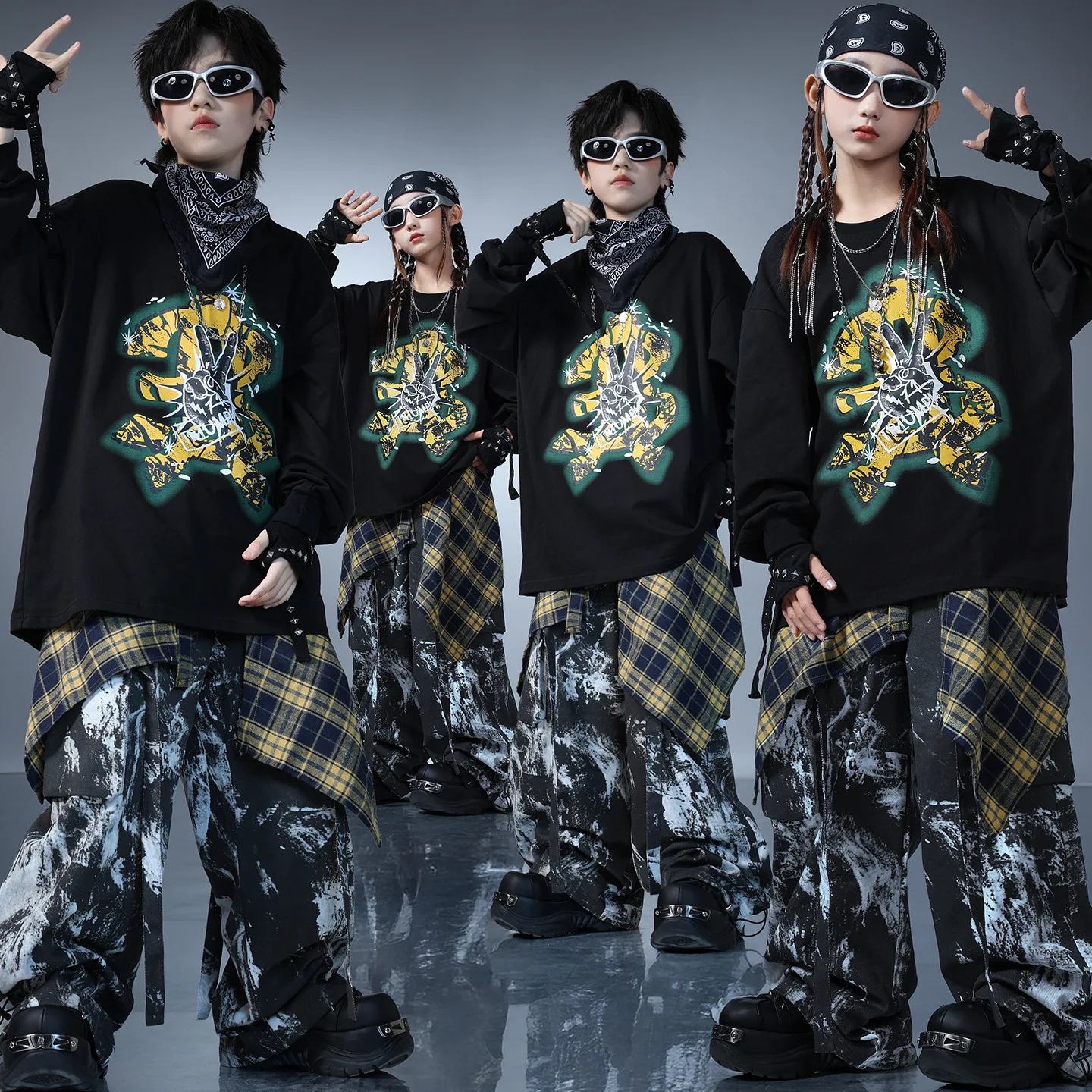 Kid Kpop Hip Hop Kleding Zwart Sweatshirt Casual Brede Band Print Cargo Broek voor Meisje Jongen Street Dance Wear Kostuums Kleding