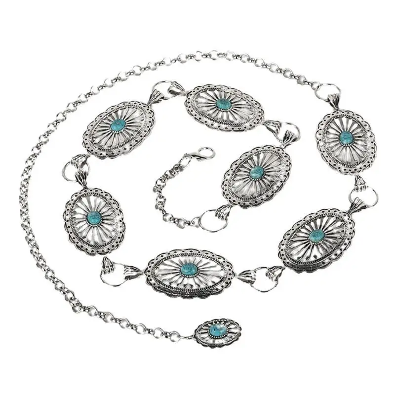 652F Elegante Dames Legering Taille Riem Delicate Gesneden Turquoise Gesp Riem Banket Jurk Vrouwen Bohemian Seaside Taille Riem