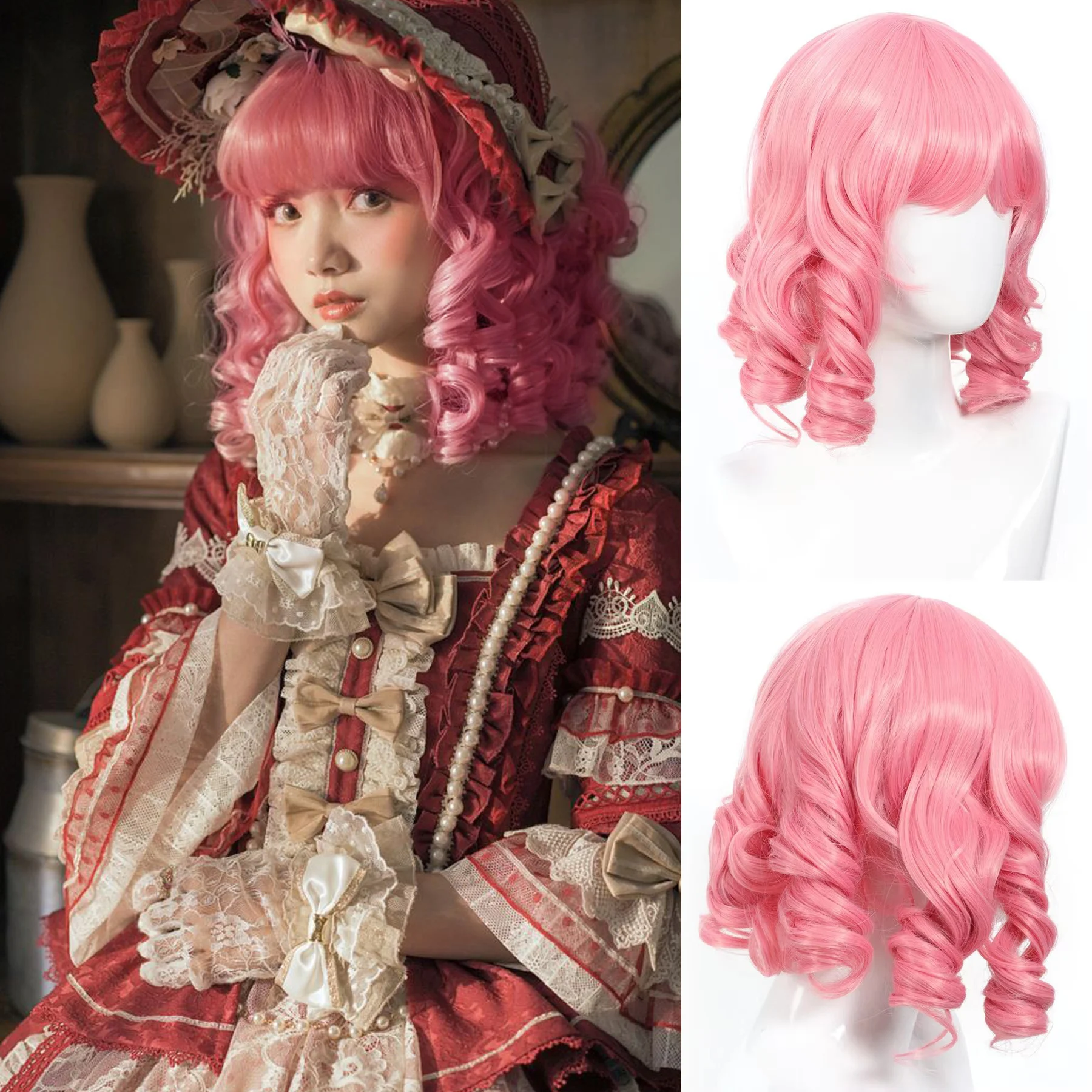 

Pink BOBO Rome Volume Synthetic Wigs Short Natural Wave Hair Wig For Women Party Daily High Density Heat Resistant