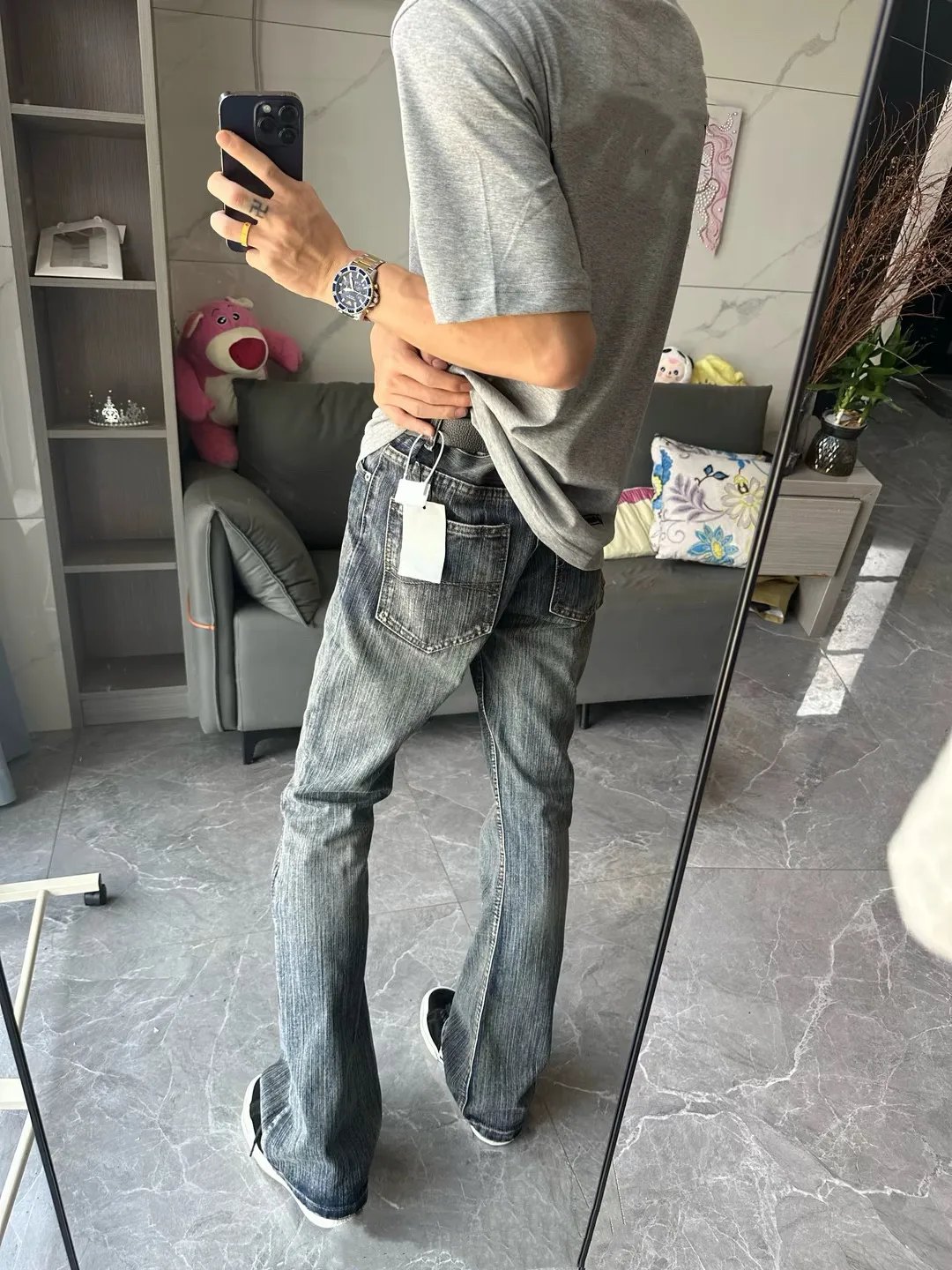 American Retro Cleanfit High Waist Straight Leg Bamboo Pattern Men's Jeans Street Style Trendy Flared Long Trousers