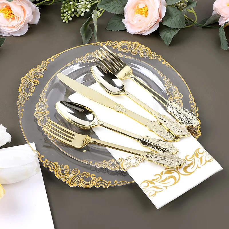 4Pcs Transparent Golden Disposable Tableware Golden Cutlery Plates Cups Forks Knives Napkin Birthday Wedding Home Party Decor