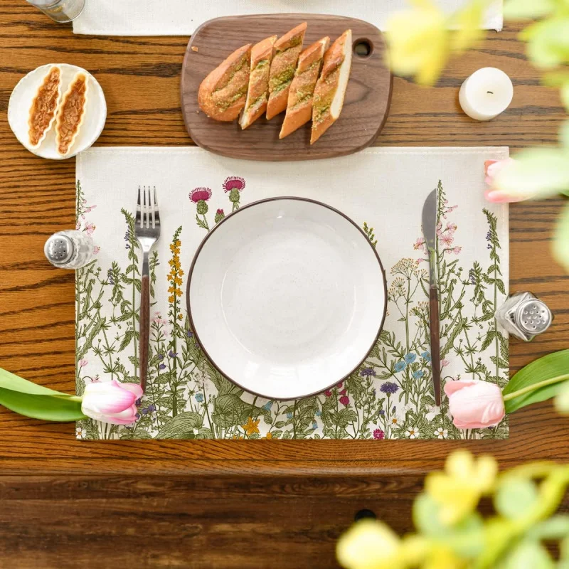VIKAMA Sommer-Tischsets, Vintage Kräuter- und Wildblumenmuster Rutschfeste Hitzebeständige Platzdeckchen für Tischdekoration