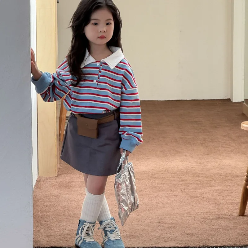 

2025 весенне-осенняя детская одежда для девочек, комплект из 2 предметов, полосатый воротник-поло, толстовка с длинными рукавами, юбка, наряд для малышей 3-10 лет