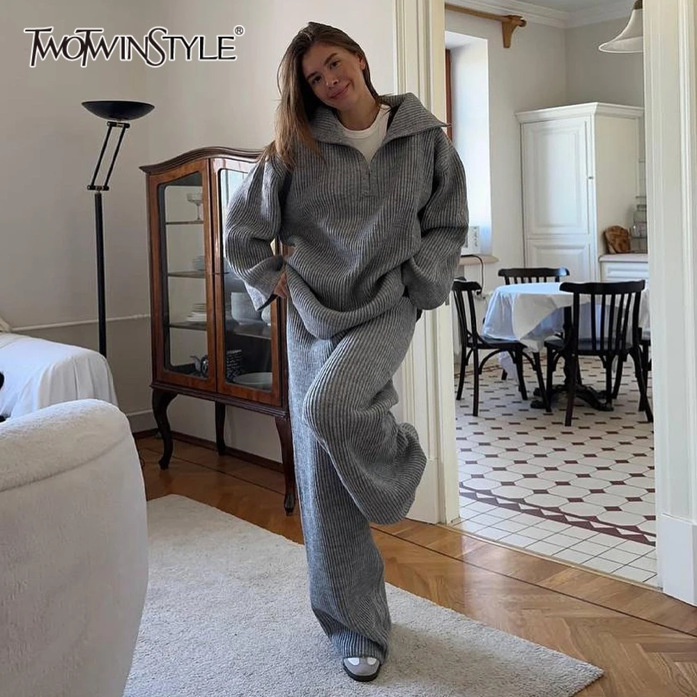 

TWOTWINSTYLE Knitted Two Piece Set for Women Lapel Spliced Half Zip Long Sleeve Sweater Wide Leg Trousers Suit Female Autumn New