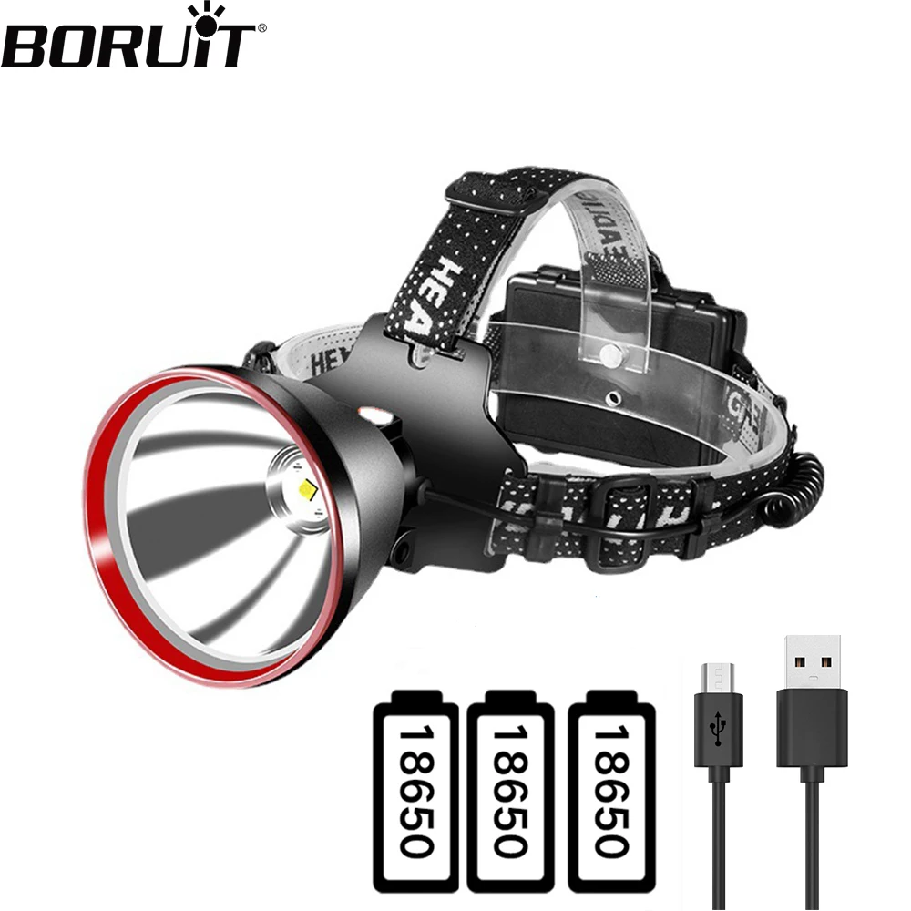 BORUiT 5000LM High Power LED Headlamp 18650 Headlight USB Rechargeable Waterproof Super Bright Headlight Outdoor Emergency Light