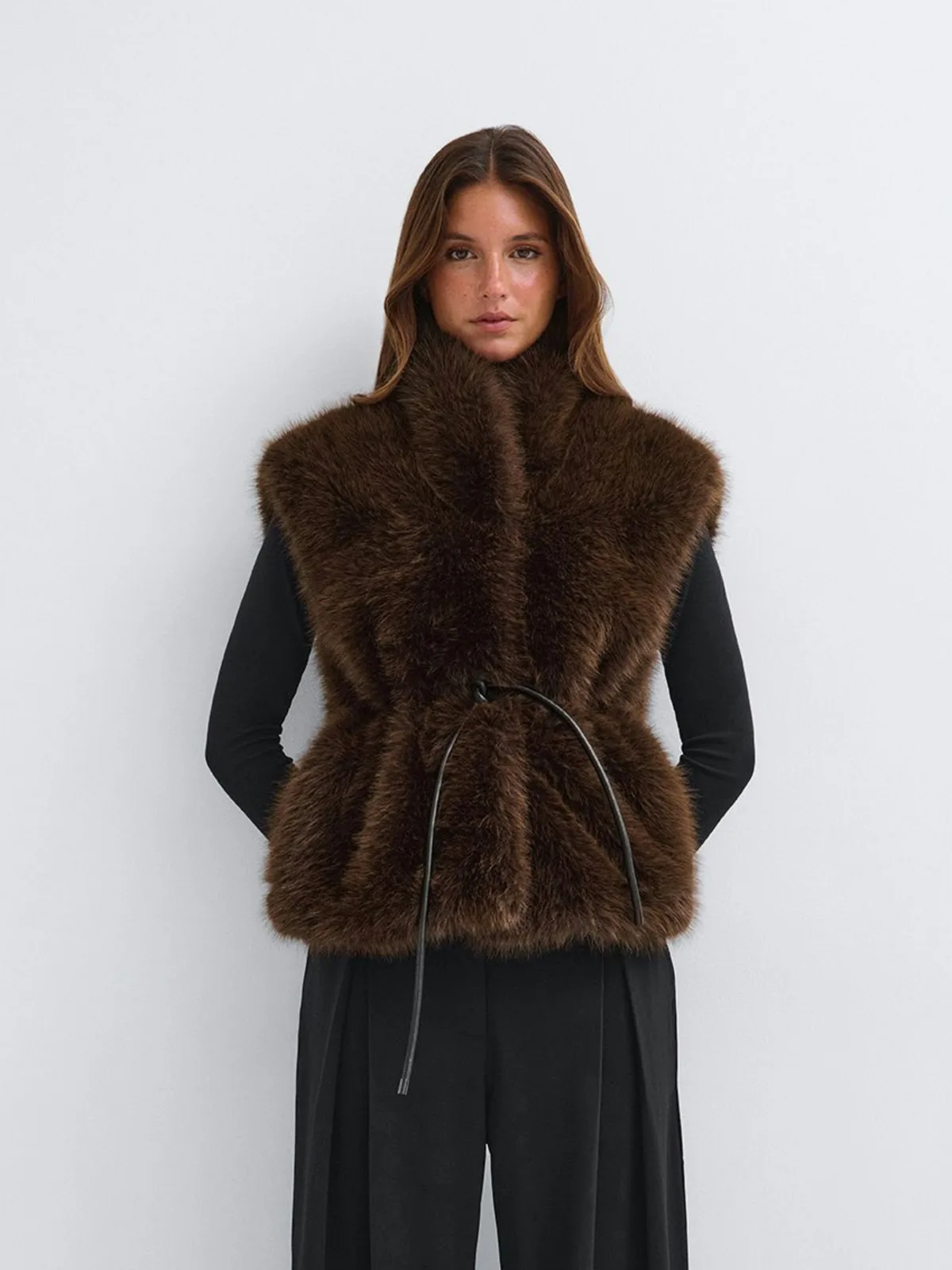 DFDG Women 2026 Faux Fur Sleeveless Vest Stand Collar Drawstring Waist Fluffy Plush Thick Warm Winter Casual Outerwear Gilet