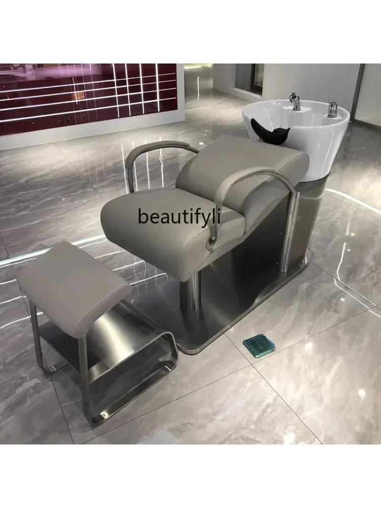 

1184 Hair Salon Lying Half Shampoo Flushing Bed for Hair Salon Barber Shop Stainless Steel Ceramic Basin