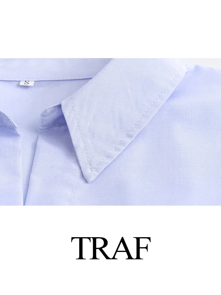 TRAF 2024 Women Casual Shirt Spring Blue Blouse Turn Down Long Sleeve Loose Single Breasted Shirts Female Chic Elegant Top