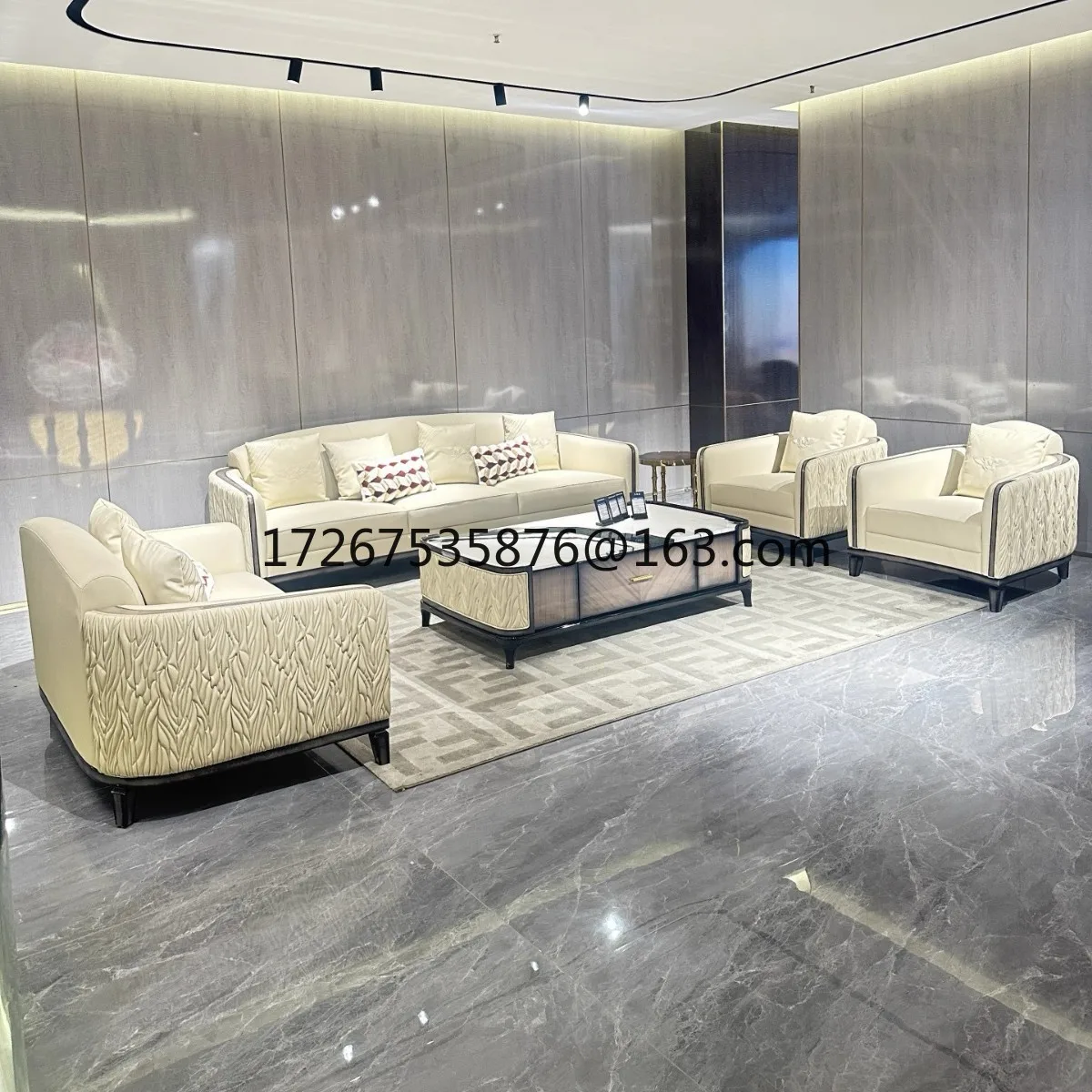 

124 sofa combination Italian light luxury villa rural self-built house solid wood leather furniture