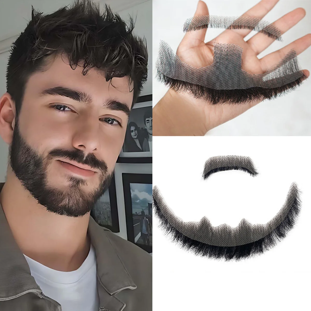 

Черная накладная борода и усы для мужчин, из натуральных человеческих волос, невидимая, на однослойной сетчатой основе, прямые, густые, для макияжа лица