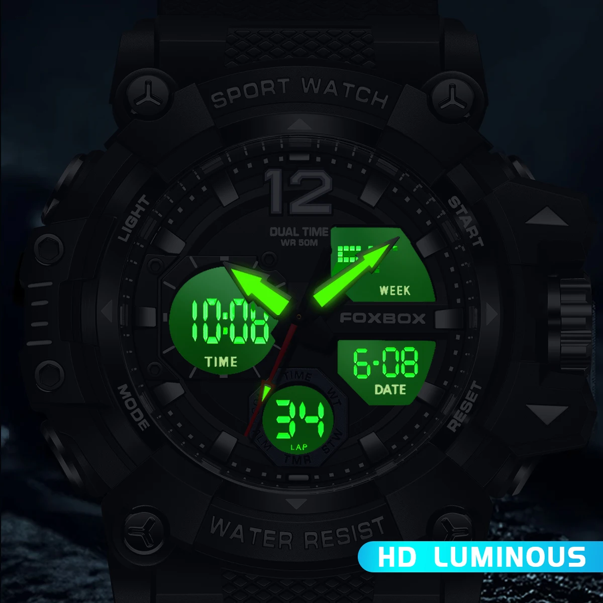 

Foxbox Fashion Sport Men Watch Shock Resistant 50M Waterproof Wristwatch LED Alarm Multi-function Watch Clock Military Men Watch