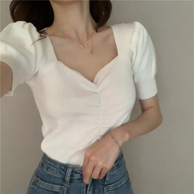 Summer Women Solid Slim Knitted T-shirt Versatile Fashion Short Tees Female Korean Clothing V-neck Short Sleeve Casual Sexy Tops