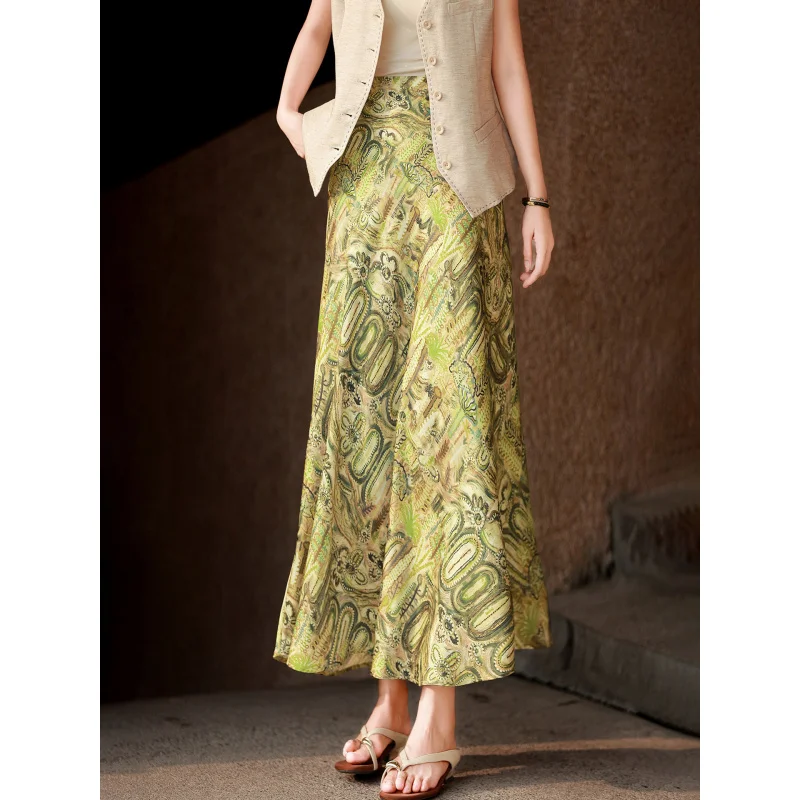 MEXCOCO Vintage Floral Print Chiffon Mermaid Skirt Women High Waist Slim Elegant Summer Long Skirt