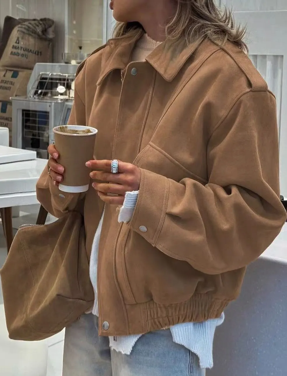 Damen Elastische Wildlederjacke mit Kordelzug in Braun, Modische Jacke mit Langen Ärmeln und Stehkragen, Locker Geschnittener Mantel für Frühling, Alltag und Streetwear 2026 – Detail 22