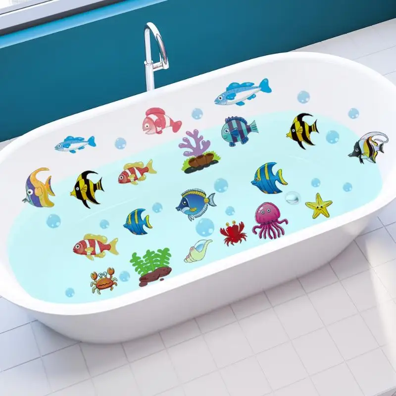 6pcs/Set Bathtub Decoration Anti-Slip Bathtub Stickers Cartoon Coral Crab Small Fish Pattern Stickers Bathroom PVC Frosted Bath