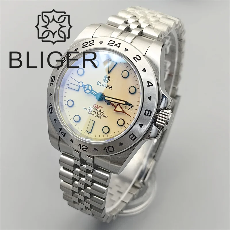 BLIGER 39mm EXP 24Hour GMT Watch For Men NH34 Movement Fixed Bezel AR Blue Sapphire Glass Waterproof White Dial Glide Clasp Band