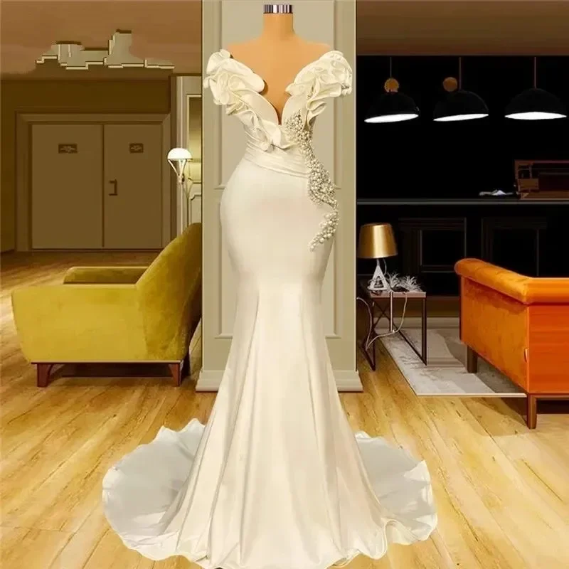 Personalizado dubai arábia pérolas sereia vestidos de casamento sexy fora do ombro cetim babados vestidos de noiva do vintage novia