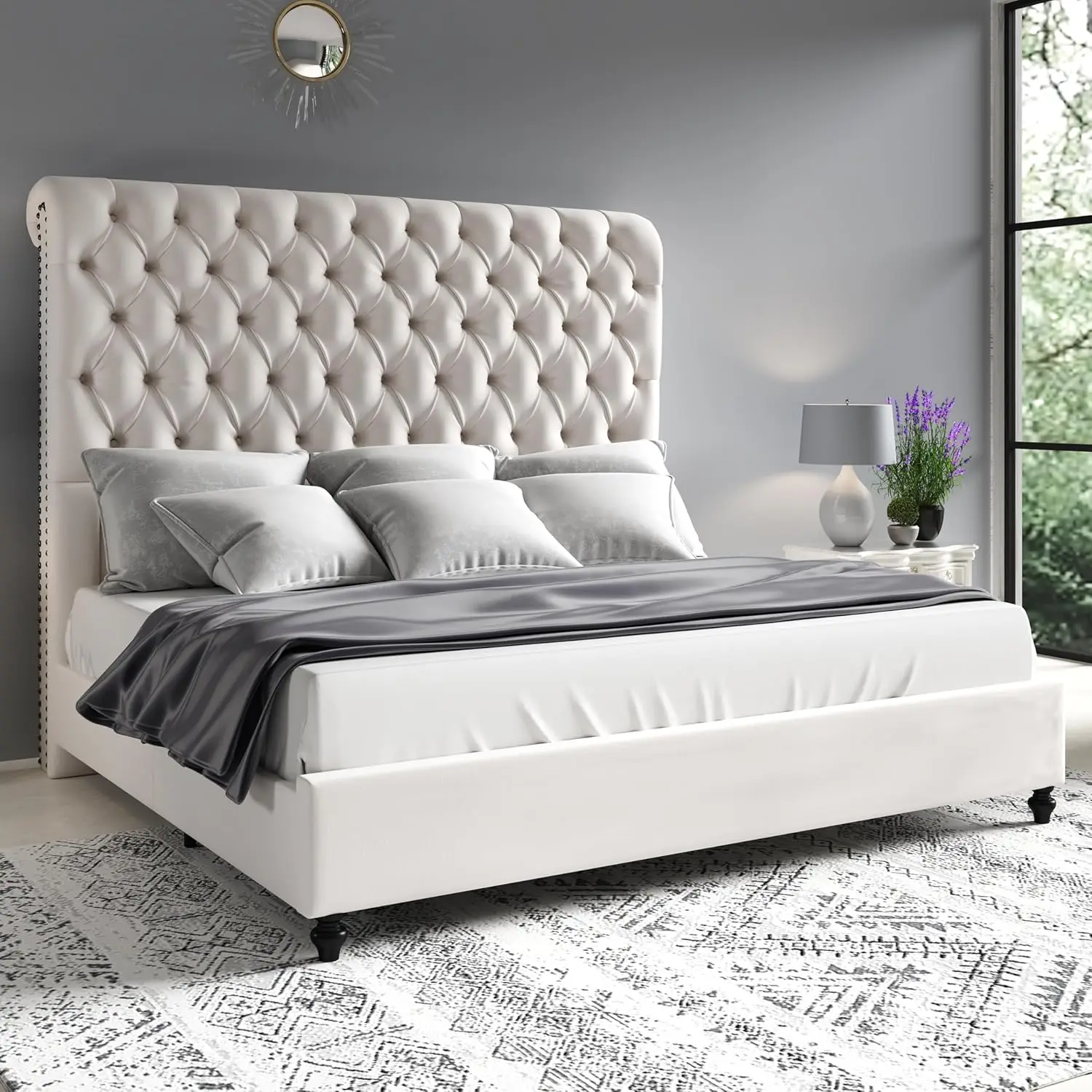 

Jocisland King Size Bed Frame with Sleigh Headboard 60" Tall Velvet Upholstered Platform Bed, No Box Spring Needed。