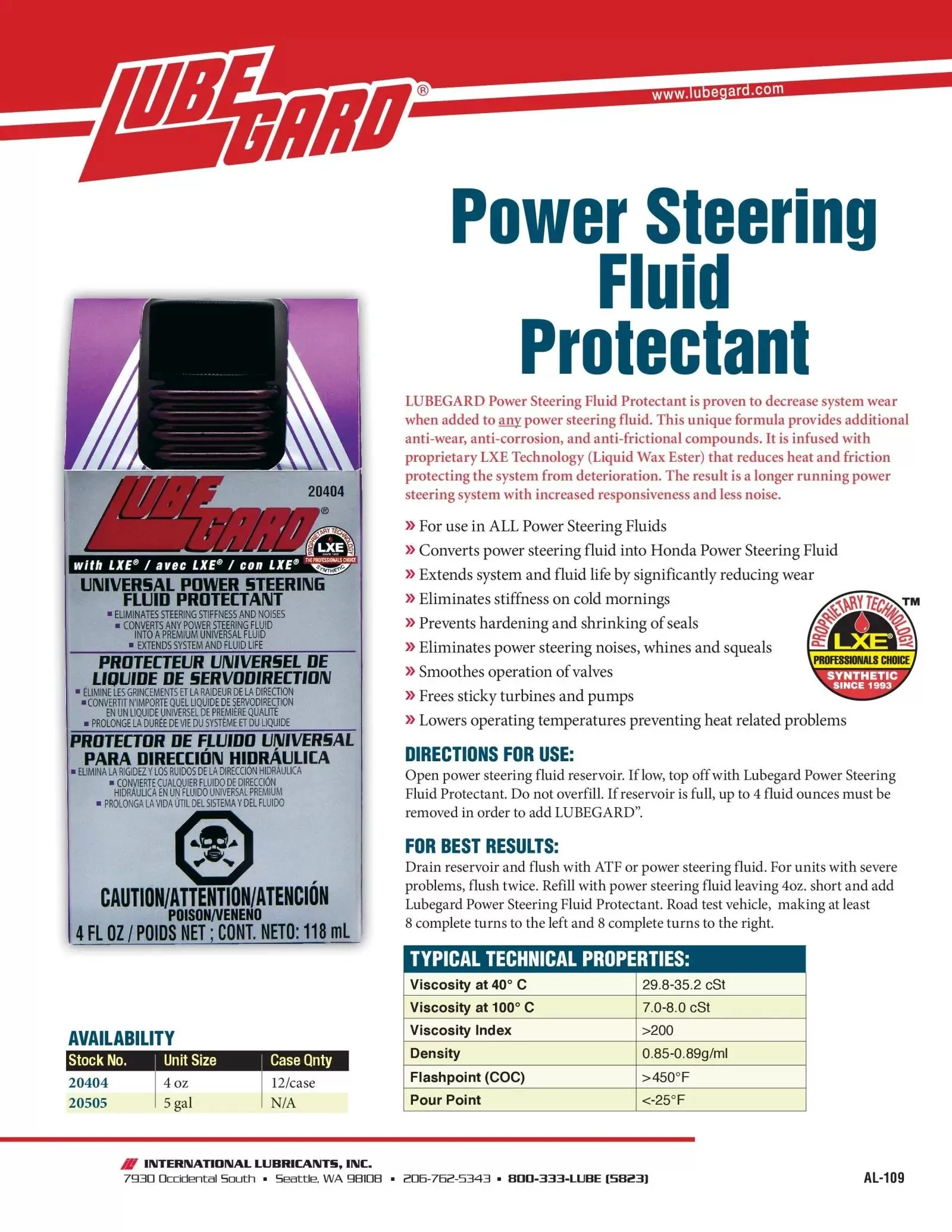 

20404 LXE Power Steering Fluid / Steering Fluid Anti-Wear Protectant Alleviates Rattles +Power Direction System Cleaner