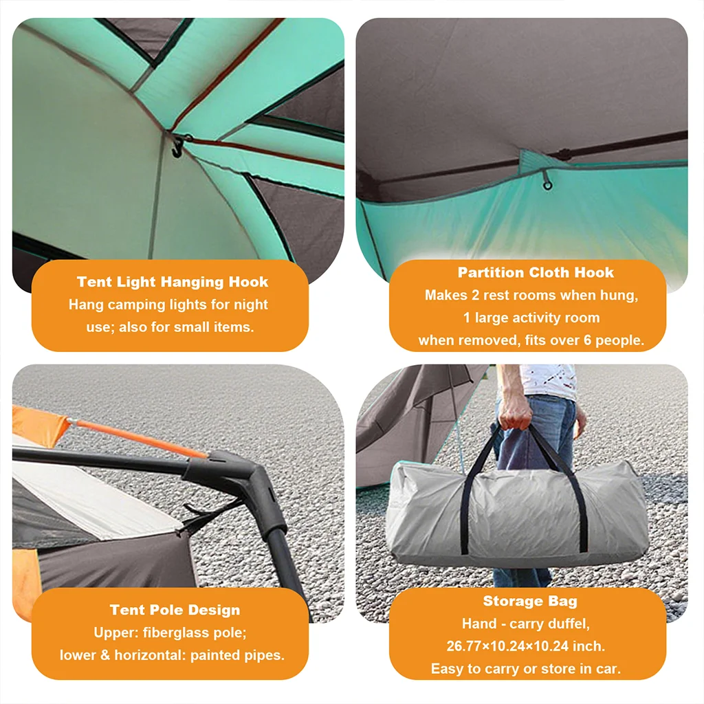 Carpa familiar grande para acampar con diseño de 2 habitaciones y 1 salón, carpa exterior de tela Oxford transpirable e impermeable de doble capa para senderismo en la playa