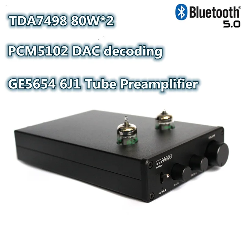 

Новинка DC32V QC3003 Bluetooth 5,0 PCM5102 DAC декодирование GE5654 6J1 ламповый Предварительный усилитель TDA7498 тональный Настольный аудио усилитель 80 Вт * 2